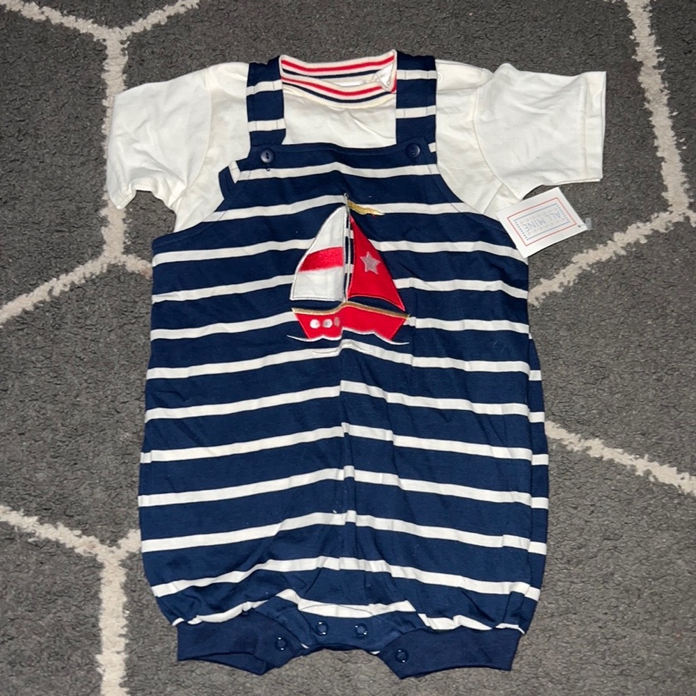 Vintage All Mine Navy Nautical Boat Embroidered Two Piece Set Size 24M NWT